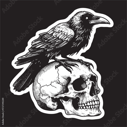 A Vector of Raven on Skull Head with black white ink line 