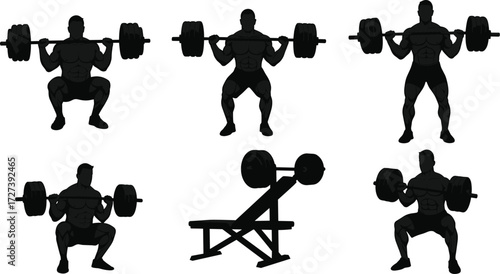 Weightlifting silhouette performing barbell squats and leg press exercises, muscular posture, fitness training vector illustration for gym, workout, and design