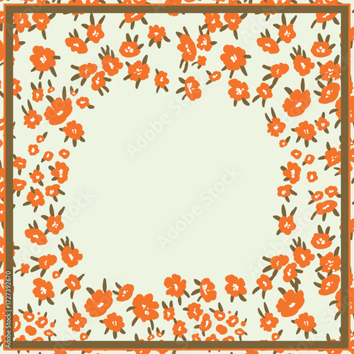 Print for kerchief, bandana, scarf, handkerchief, shawl, neck scarf. Squared pattern with ornament for fabric, textile, silk products. Paisley vector with abstract flowers. Floral folk tracery.