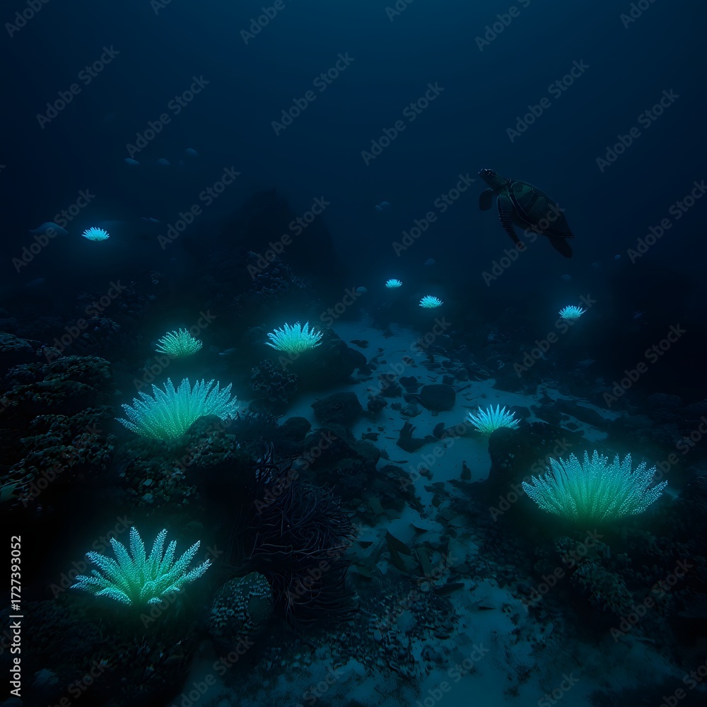 Fototapeta premium Bioluminescent Coral Reef at Night with Sea Turtle