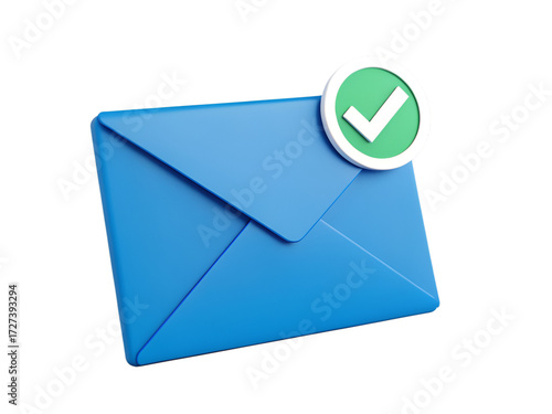 3d illustration of a blue envelope with a green checkmark mail message