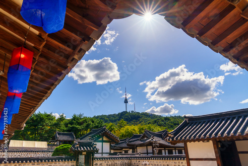 Wallpaper Mural Namsangol Hanok Village and Seoul Tower Seoul's landmarks include a well and an ancient pavilion with a clear view of Seoul Tower. Torontodigital.ca