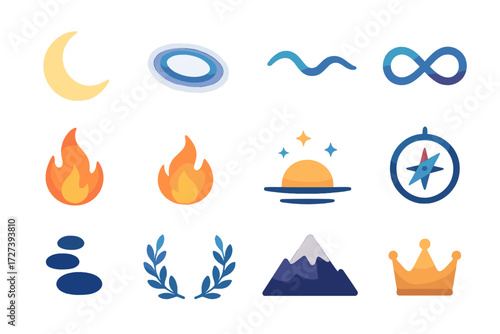 Isometric Night Symbols. Symbolic late night set icons in modern isometric flat : radiant moon, glowing aura, harmony wave, infinity loop, flame,