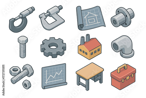 Workshop Tools Icons. Workshop measurement set icons in modern isometric flat : micrometer, vernier caliper, blueprint, machine part, bolt, gear wheel