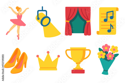 Performance Icons Collection. Performance icons in modern flat vector : ballet dancer, spotlight, stage curtain, music sheet, elegant shoes, crown,