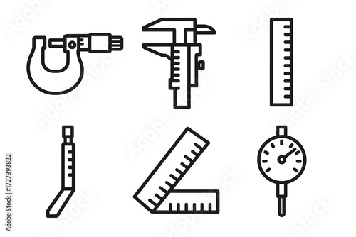 Precision Tools Icons. Precision tools icons in outline style: micrometer, caliper, ruler, gauge, vernier scale, dial indicator
