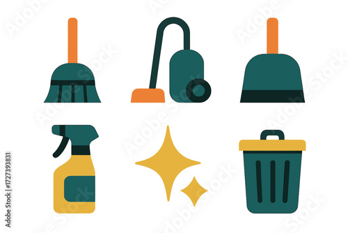 Cleaning Icons Set. Clean environment set of icons in abstract flat : broom, vacuum cleaner, dustpan, spray bottle, sparkle star, trash bin