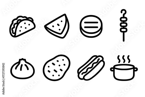 Street Food Icons. Street food griddle set icons in outline style: taco shell, quesadilla, burger patty, kebab skewer, dumpling, naan bread, hot dog,
