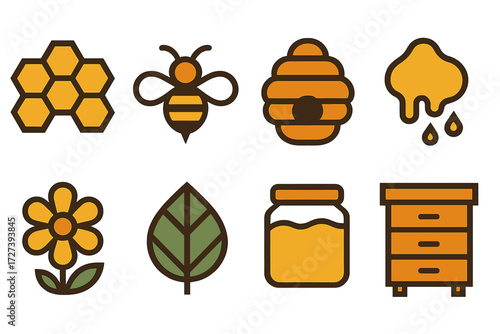 Beehive Icons. Beehive icons set of icons in abstract flat : honeycomb, buzzing bee, beehive nest, dripping honey, flower, leaf, honey jar, hive box