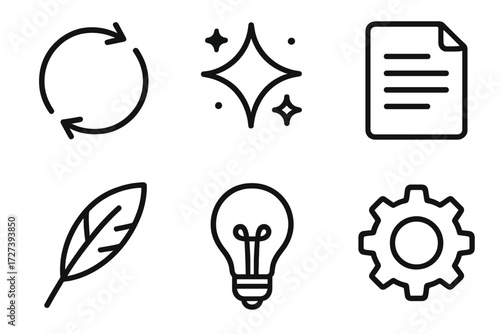 Creative Process Icons. Creative cycle icons in outline style: feedback loop, sparkle, paper sheet, quill, lightbulb, gear
