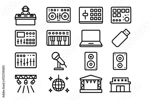 DJ Equipment Icons. DJ context icons in outline style: DJ booth, mixer console, crossfader, sampler pad, drum machine, synthesizer, laptop, USB stick