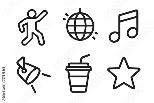 Party Vibe Icons. Party vibe icons in outline style: dance move, disco ball, music note, spotlight, drink cup, star