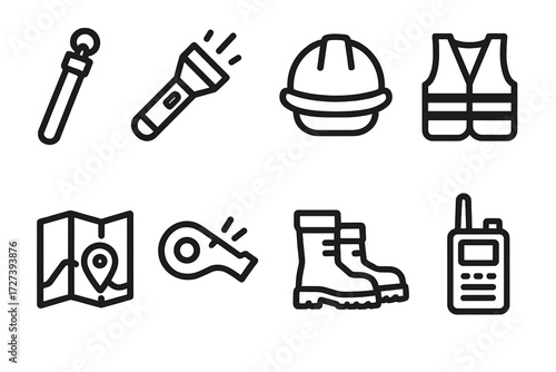 Safety Gear Icons. Safety gear icons in outline style: glow stick, flashlight, helmet, reflective vest, map, whistle, boots, radio.