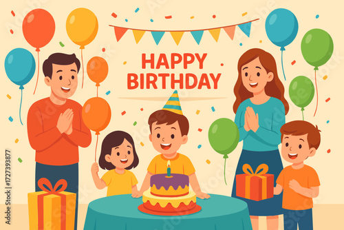 Children and mother celebrating birthday with cake, balloons, and banner.