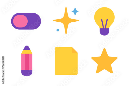 Minimalist Icon Set. Creative set in modern flat vector : panel toggle, sparkle, lightbulb, pencil, paper sheet, star