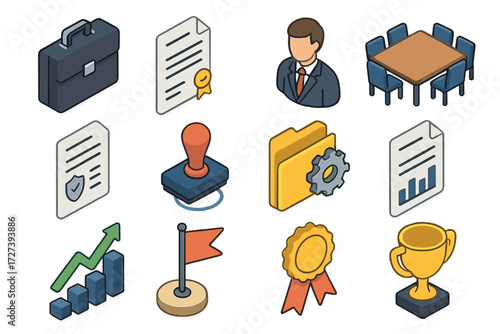 Isometric Business Icons. Business helpful guide set icons in modern isometric flat : briefcase, contract paper, supervisor figure, meeting table,