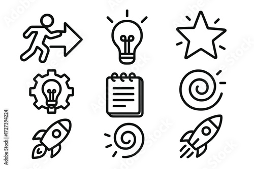 Creative Icon Collection. Creative force icons in outline style: push forward, lightbulb, spark, doodle star, innovation gear, notepad, idea swirl,