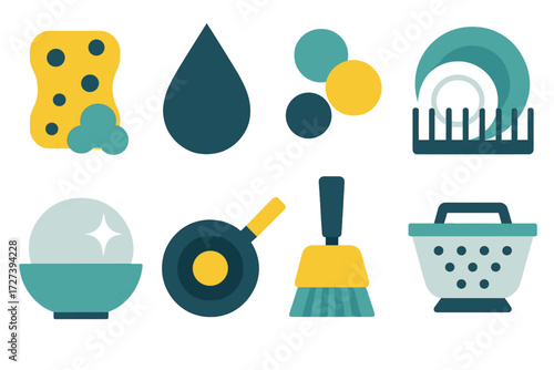 Cleaning Icons. Washing visuals set of icons in abstract flat : soapy sponge, water droplet, bubbles, dish rack full, clean bowl, pan, scrub brush,
