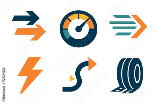Speed Icons. Speed icons set of icons in abstract flat : overtake move, speedometer, motion lines, lightning bolt, arrow path, tire skid