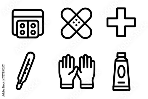 First Aid Icons. First aid icons in outline style: medication box, bandage, cross symbol, thermometer, gloves, ointment tube