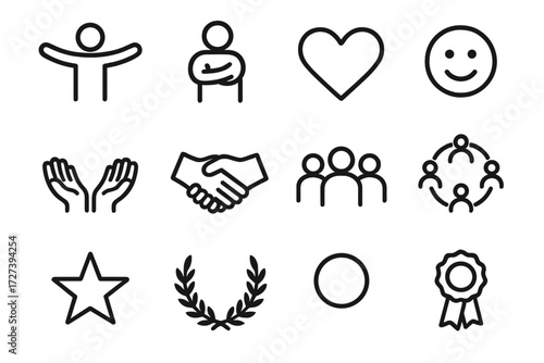 Welcoming Icons Collection. Basic open arms icons in outline style: person with arms wide, welcoming figure, hugging icon, heart symbol, smiling face