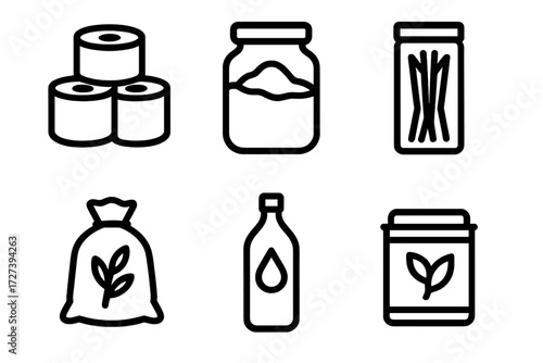 Pantry Essentials Icons. Pantry shelves icons in outline style: stacked cans, flour jar, pasta container, rice sack, oil bottle, tea tin