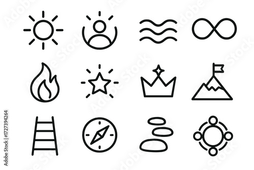 Joyful Symbolic Icons. Symbolic cheering joy icons in outline style: radiant sun, glowing aura, harmony wave, infinity loop, storytelling flame,