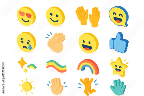 Isometric Emoji Collection. Expressions set icons in modern isometric flat : heart eyes, smiling face, shocked face, laughing bubble, crying face,
