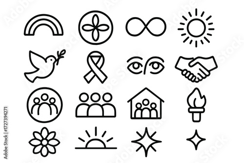 Icons of Progress. Themes of progress icons in outline style: rainbow arc, harmony circle, infinity loop, glowing aura, peace dove, promise ribbon,