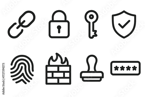Security Icons Collection. Security symbols icons in outline style: link chain, lock, key, shield with check, fingerprint, firewall, approval stamp,