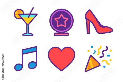 Vibrant Nightlife Icons. Nightlife icons in modern flat vector : cocktail glass, neon sign, high heels, music note, heart, confetti