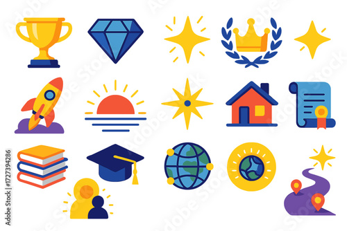 Symbols of Future Success. Future wealth in modern flat vector : trophy, diamond, shining star, laurel wreath, crown, rocket launch, sunrise, guiding