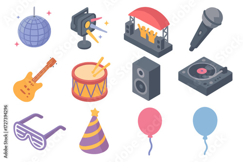Concert Icons Set. Concert cheering crowd set icons in modern isometric flat : disco ball, strobe light, stage, microphone, guitar, drum, speaker, DJ