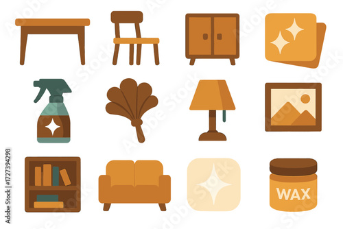 Furniture Polishing Icons. Furniture polishing set of icons in abstract flat : wooden table, chair, cabinet, rag with sparkles, spray polish, feather