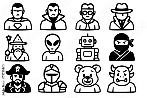 Comic Character Icons. Comic themes icons in outline style: hero figure, villain figure, sidekick, detective, wizard, alien, robot, ninja, pirate,
