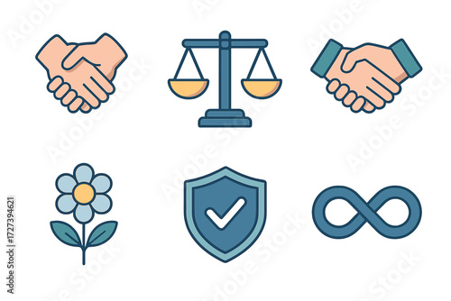Peace Symbol Icons. Peace & trust set icons in modern isometric flat : joined hands, balanced scale, handshake, flower, shield, infinity loop