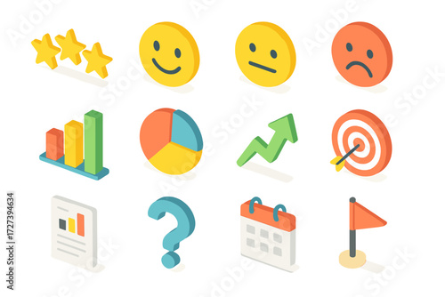Isometric Survey Icons. Survey review prompt set icons in modern isometric flat : rating stars, happy face, neutral face, sad face, bar chart, pie