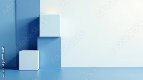 Abstract Minimalist Blue Cube Display Featuring Three Dimensional Shapes on a Solid Background