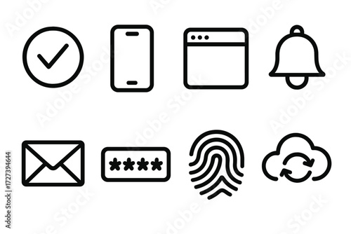 Digital Security Icons. Digital trust icons in outline style: verified mark, smartphone, app window, notification bell, email envelope, password dots