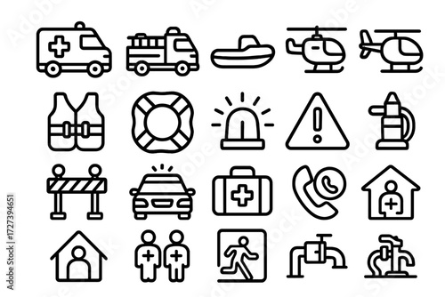 Emergency Response Icons. Emergency response icons in outline style: ambulance, fire truck, rescue boat, helicopter, life jacket, lifebuoy, siren