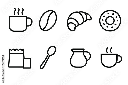 Coffee and bakery silhouette icon set. featuring coffee cup, bean, croissant, donut, sugar, spoon, and coffee pot symbols