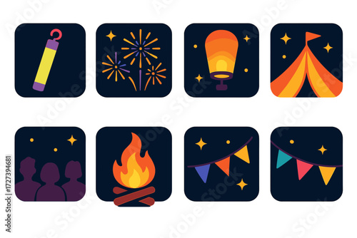 Vibrant Night Festival Icons. Night festival in modern flat vector : glow stick, fireworks, lantern, tent, starry sky, bonfire, crowd silhouette, flag