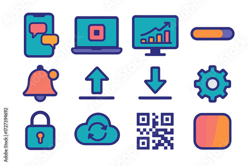 Digital Icon Array. Digital feedback loop in modern flat vector : smartphone with chat, laptop screen, dashboard chart, progress bar, notification