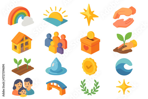 Icons of Hope. Hope and recovery set icons in modern isometric flat : rainbow arc, sunrise horizon, guiding star, supportive hands, rebuilding house,