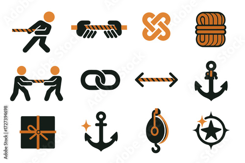 Rope Icons. Basic pulling rope set of icons in abstract flat : person pulling rope, hands holding rope, knot, rope coil, tug of war, chain link,