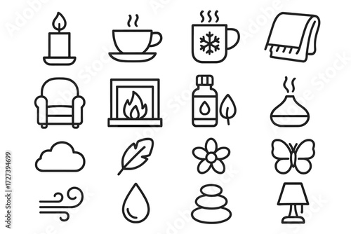 Calm Icons Collection. Calming scenes icons in outline style: candle, tea cup, hot cocoa mug, cozy blanket, armchair, fireplace, essential oil bottle