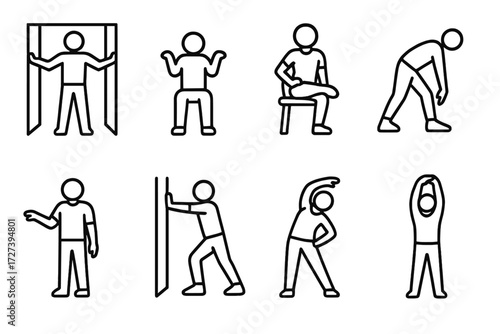 Home Stretch Exercise Icons. Work from home stretches icons in outline style: doorway chest stretch, shoulder shrug, seated spinal twist, standing