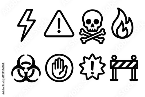 Bold Danger Icons. Danger signs icons in outline style: zap mark, warning triangle, skull, fire flame, hazard sign, stop hand, exclamation badge,