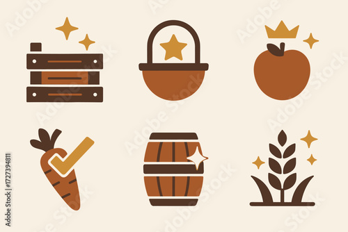Harvest Icons. Symbols set of icons in abstract flat : crate with sparkles, basket with star, sack with rays, fruit with crown, vegetable with