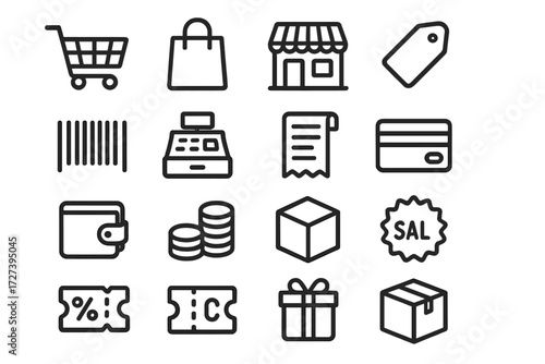 Sales Icon Set. Sales basics icons in outline style: shopping cart, shopping bag, store building, price tag, barcode, cash register, receipt, credit